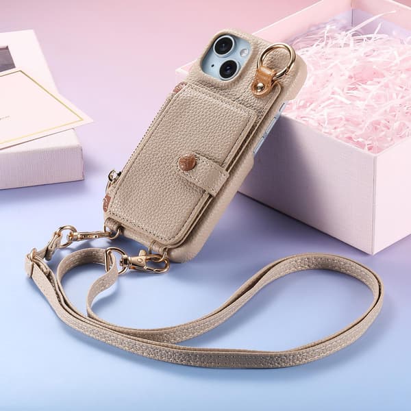 Etui til iPhone 13 Pro Khaki læder makeup spejl lang rem pung med kortholder