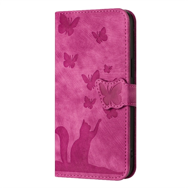 Etui til iPhone 14/13 Rosarød-Præget Sommerfugl Kat Læder Etui Sommerfugl Kat 3D Præget Flip Wallet med Kortholder