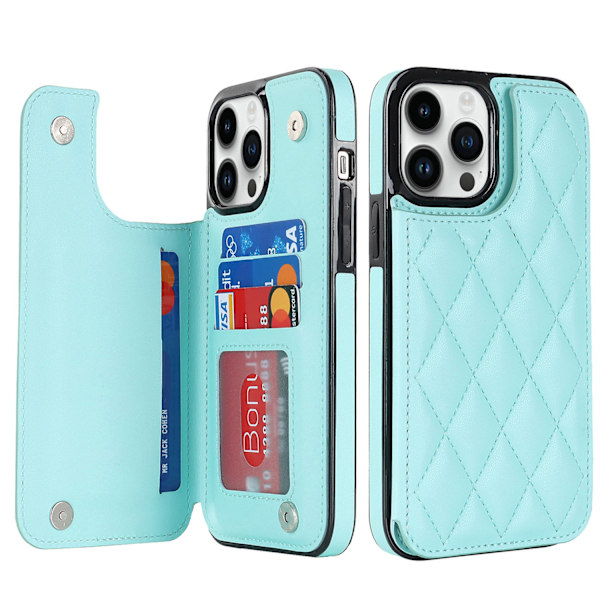Etui til iPhone 13PRO Sky Blue dobbelt spænde i læderpung med kortholder