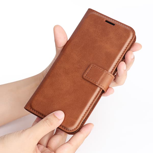 Etui til iPhone 14 Plus, lysebrunt flip-etui med kortholder og tilpasningsmuligheter