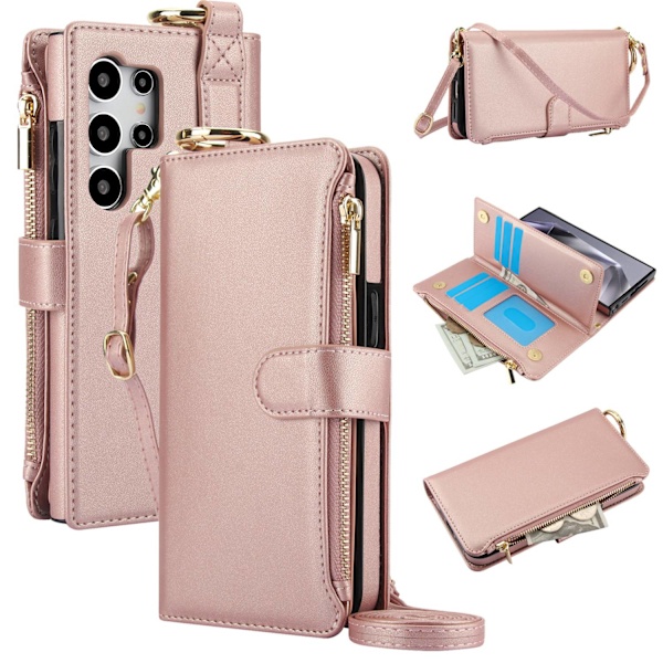 Fodral för iPhone 16 Plus Roséguld Ring dragkedja Crossbody Plånbok med Korthållare Flera Kort