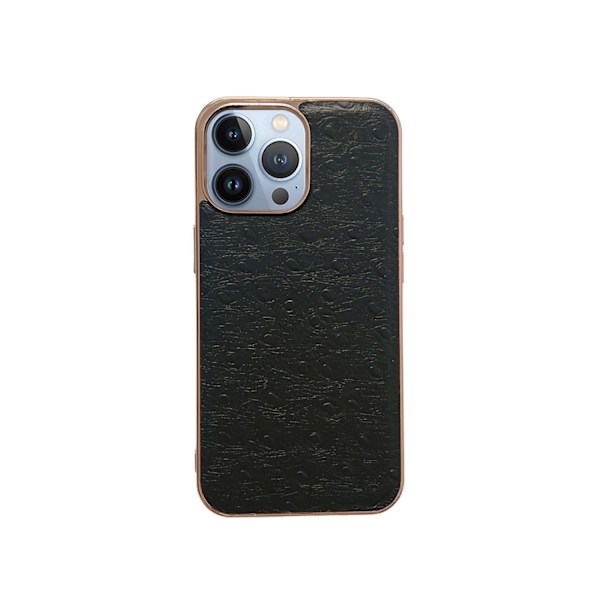 Fodral för iPhone 14pro Strutsmönster svart Elektroplätering äkta läder Rullat läder Klassisk business enkel