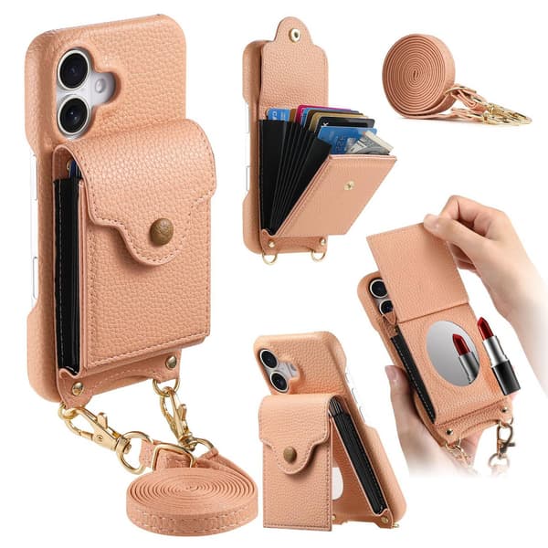 Etui til iPhone 15 Plus pink Pebbled Stort Harmonika Makeup Spejl Crossbody Rem