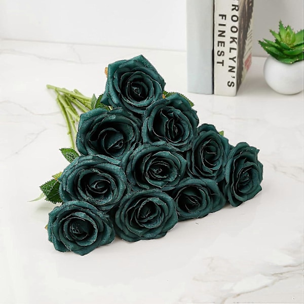 Kunstig Rose 10 stk. Åben Blomsterbuket Falske Rosestængler Falske Silke Blomster (Brændt Orange) Emerald Green