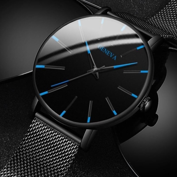 Minimalistiskt herrmode Ultratunnt rostfritt stål - Mesh bälte Quartz Watch L Rose Gold Blue