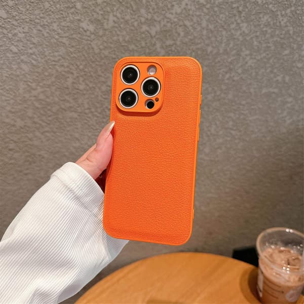 Etui til iPhone 15PRO Lychee mønster-orange 2 i 1 Pebbled klassisk læder