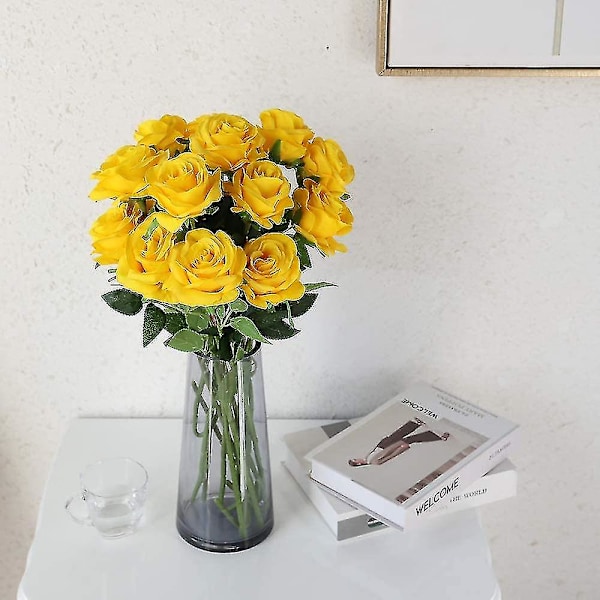 Kunstige Silke Rose Blomster Enkelt Stilk Realistisk Falsk Rose For Bryllupsbukett Blomst, 10stk (blå) yellow