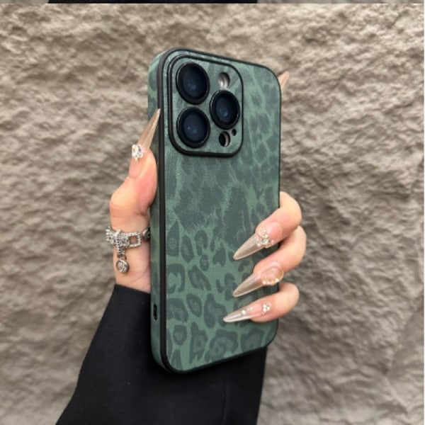 Etui til iPhone 14plus Mørkegrøn Leopard print læder linse film
