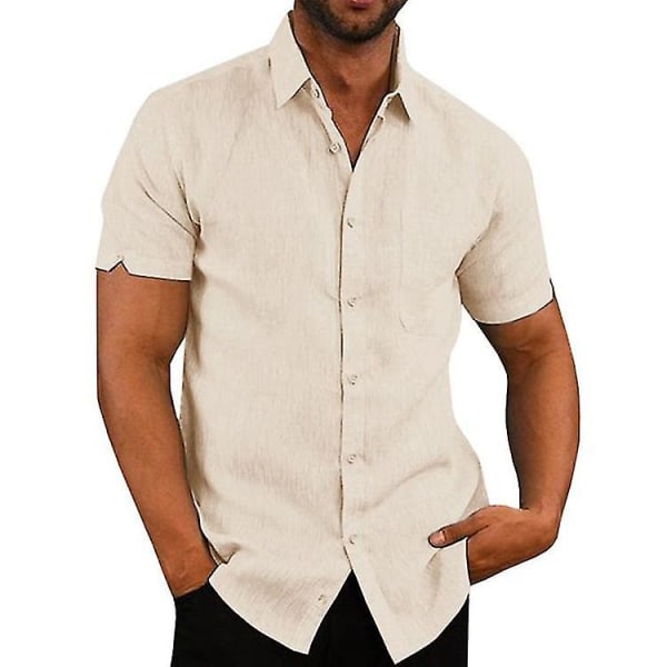 Ny 100 % bomullslinne kortärmad herrskjorta T-shirt sommar enfärgad kavaj Casual Beach Style beige 4XL