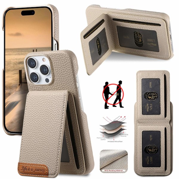 Fodral för iPhone 16 Plus Khaki Läder Pebbled Flip Plånbok med Korthållare