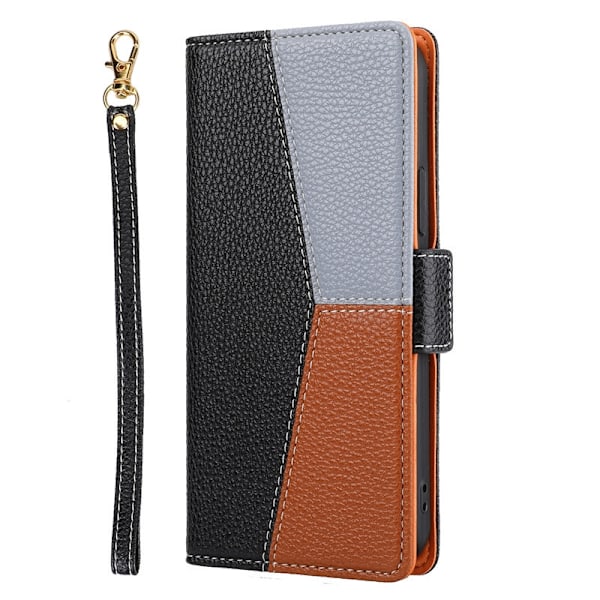 Etui til iPhone 14 Svart-Spleiset Side Spenne Lychee Lær Etui + Lanyard i Samme Stil, Småstein Blandet Media