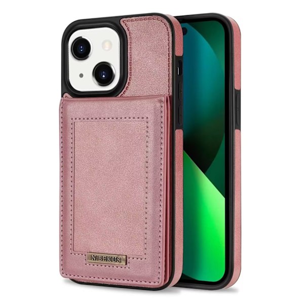 Kotelo iPhone 14 Prolle, ruusukultainen jalustakorttipidike, kokovartalokorttipidike