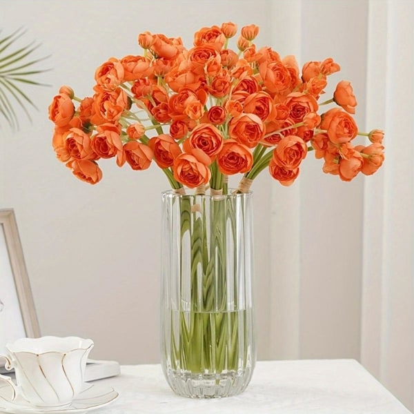 3 Bunter Lange Stilker Ranunkler Kunstige Kameliablomster for Bryllup, Fester og Hjemmeinnredning, Perf Yellow 3 Bunches