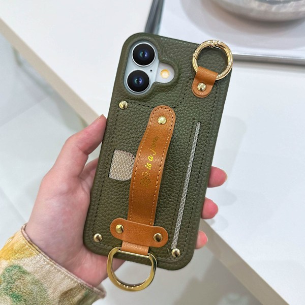 Etui til iPhone 14 Midnight Green Pebbled Håndledsrem Hardware Spændepung med Kortholder Stativ Læder