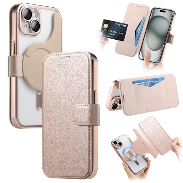 Fodral för iPhone 15 Plus 6.7 Roséguld elektropläterat magnetiskt 2-i-1 läderfodral Elektroplätering transparent magnetisk flip 2 i 1