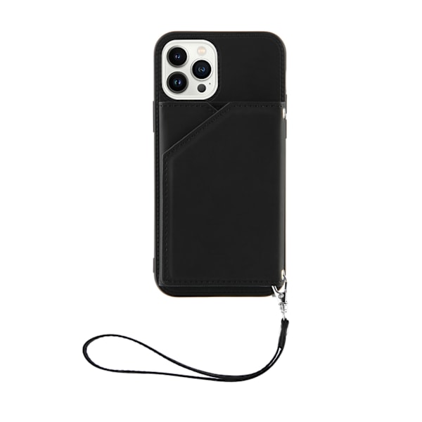 Fodral för iPhone 14 6.1 Svart (med armband) Mjukt Kortfodral Rem Multi-Kort Crossbody Kortfodral