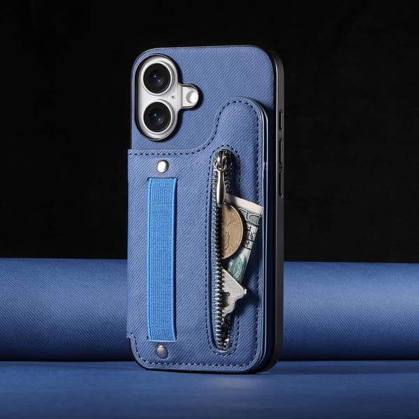 Etui til iPhone 13 Pro Max blå Læder Flip Kortholder Elastisk Snor Håndledsrem