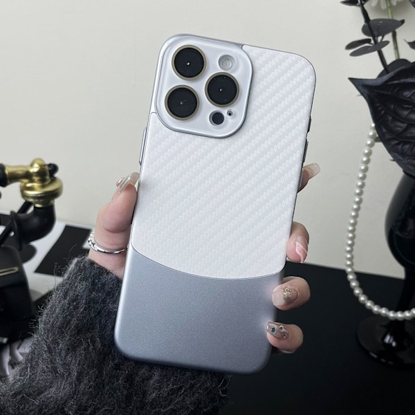 Kotelo iPhone 15plus Nappa-nahkaa kuori-valkoinen hiekka hopea Väripilkullinen hiilikuitunahkakuvio kristallilinssi