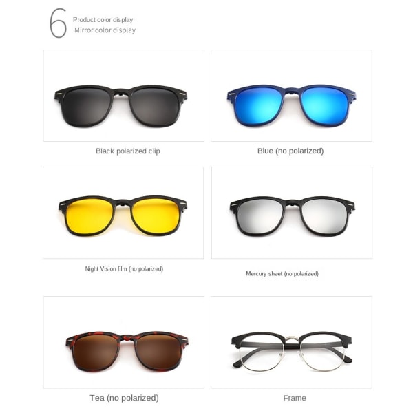 Halvmetalliska retropolariserade solglasögon Sex-i-ett set med glasögon Solglasögon Myopia Glasögonbåge Color mixing PC