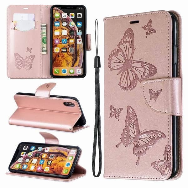 Etui til iPhone 14 Plus guld Sommerfugl 3D Præget Flip Wallet med Kortholder