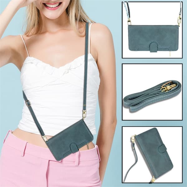 Etui til iPhone 15 Plus Grøn + håndledsrem + lang lanyard lynlåspung med kortholder flip