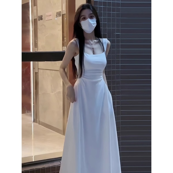 Vit hängselklänning Fransk tepaus för kvinnor Midjetight A-linjeklänning White 2XL