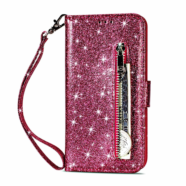 Kotelo iPhone 16plus -puhelimelle, ruusunpunainen vetoketjullinen glitterlompakko korttipidikkeellä