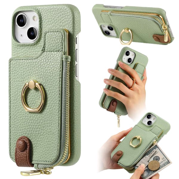 iPhone 13 -kotelo, matcha-vihreä, pyöreä lompakko korttipidikkeellä