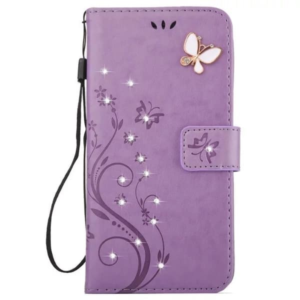 Etui til iPhone 14 Lys lilla Sommerfugl 3D-preget Diamantlommebok med Kortholder