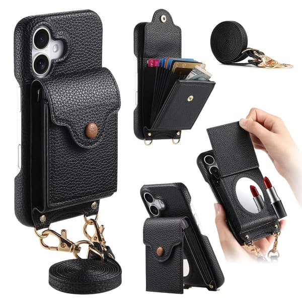 Etui til iPhone 14 Plus sort Pebbled Stort Harmonika Makeup Spejl Crossbody Rem
