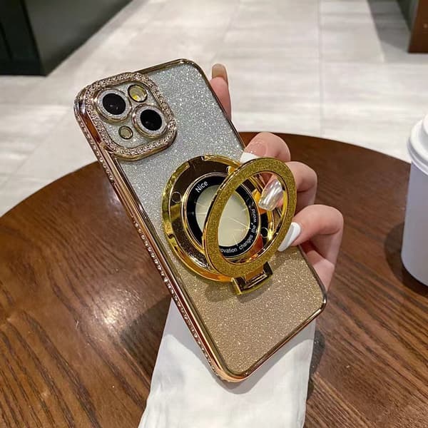 Fodral för iPhone 16 Pro Glitter Rhinestone Accent Magnetiskt Stativ Design Noz28191