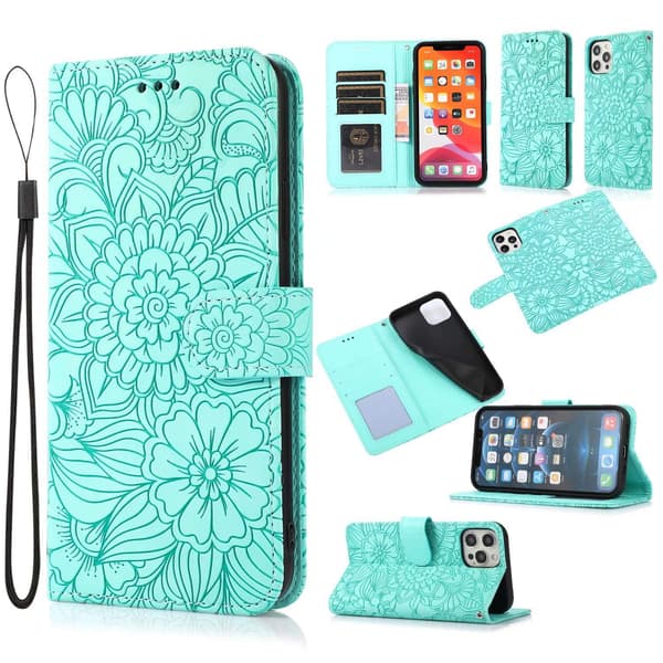 Etui til iPhone 14 Pro Max Mintgrønn Soft-Touch 3D-preget solsikke-lommebok med kortholder