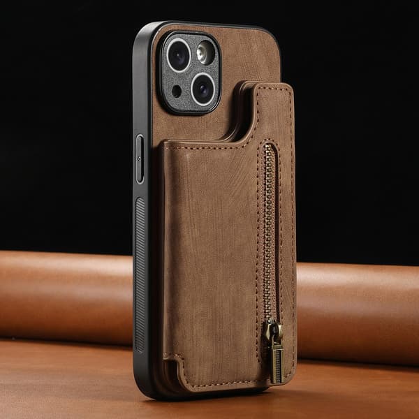 Etui til iPhone 14 Plus brun Retro Flip Kortholder Lynlås Wallet med Kortholder