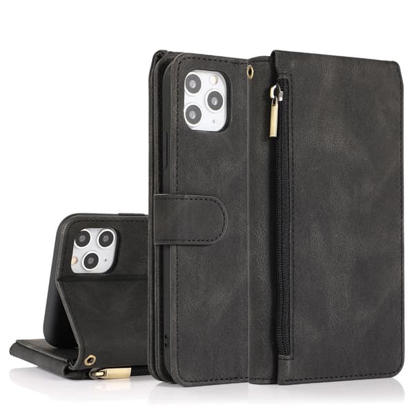 Etui til iPhone 14 sort Soft-Touch lynlås pung med kortholder