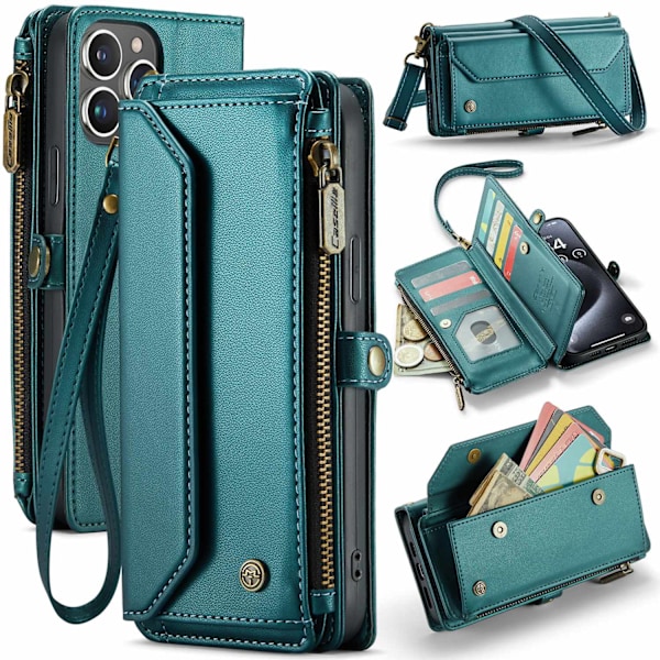 Etui til iPhone 13 Pro Max grøn Flip lynlås Wallet med kortholder