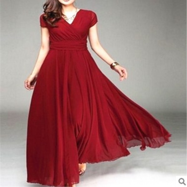V-ringad kortärmad bohemisk chiffong midja klänning aftonklänning Red 3XL