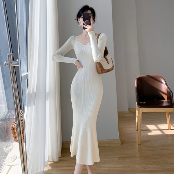 Fransk Slim Fit Slimming Stickad Klänning Mellanlängd Inner Wear Sweater Kjol White Average size