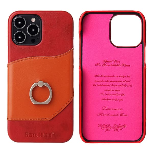 Fodral för iPhone 15 Plus Röd+Ljusbrunt Plånbok med Korthållare Ring Spänne