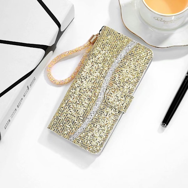 Etui til iPhone 14 Plus guld Glitter Flip Diamant Wallet med Kortholder