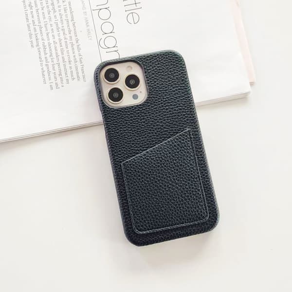 Fodral för iPhone 14plus svart Pebbled Plånbok med Korthållare klassisk halv pack