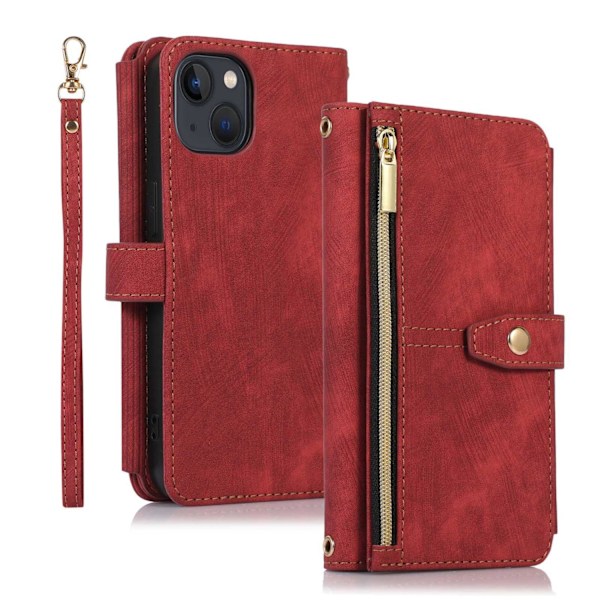 Punainen iPhone 13 -kotelo [lyhyt köysi + pitkä kaulanauha] vetoketjullinen lompakko korttipidikkeellä crossbody flip yhdeksän korttia