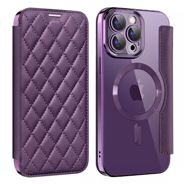 Kotelo iPhone 15plus:lle, violetti magneettinen läppälompakko korttipidikkeellä, läpinäkyvä