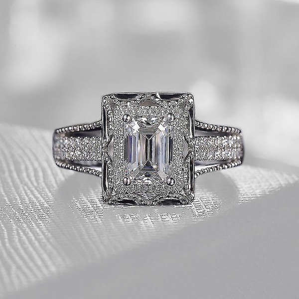 Ny silverpläterad fyrkantig zirkonring med helt diamanter - europeisk och amerikansk lyxig fyrkantig zirkonring med full diamant