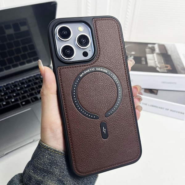 Etui til iPhone 14 Pro Max Mørkebrun Lædermønster Magnetisk business