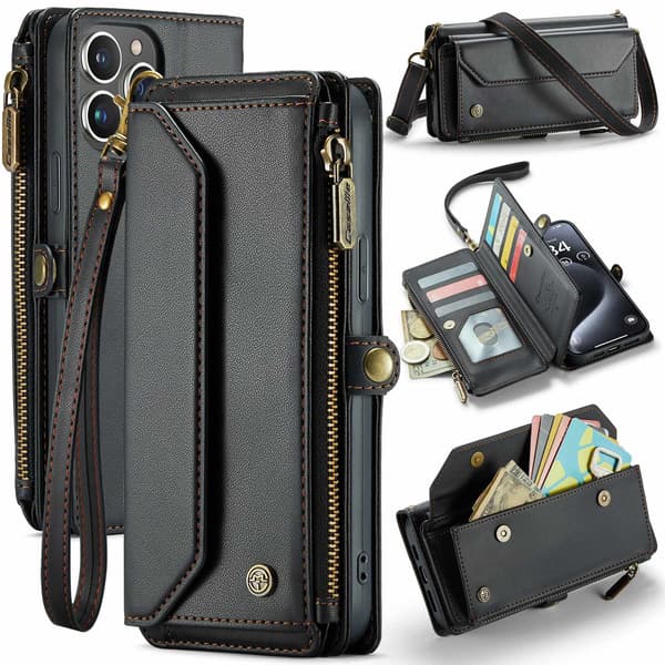 Etui til iPhone 16 E svart Flip lommebok med kortholder