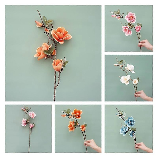Kunstig Blomst Sjarmerende Realistisk Stoff 3 Hoder Fabel Magnolia Blomster for Stue Orange