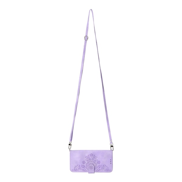 Kotelo iPhone 13 6.1 Purppura + olkahihna Soft-Touch Crossbody Korttipidike 3D Kohokuvioitu Magneettilompakko Korttipaikalla