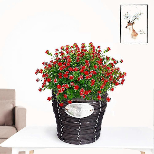 Kunstige Blomster, Falske UV-resistente Buksbom Buske Faux Plastik Grønne Planter Red 4