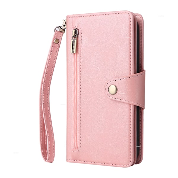 Fodral för iPhone 16 Plus Roséguld Nitar Spänne Dragkedja Plånbok med Korthållare Flip