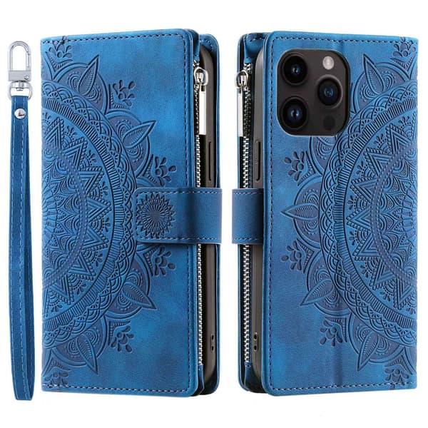 Etui til iPhone 13MINI blå Multi-kort glidelåspose Mandala 3D-preget lommebok med kortholder